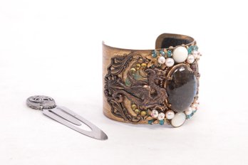 One-of-a-kind Dragon Bracelet/cuff - Hand Crafted W/ Moonstones And More - Dragon Pewter Bookmark