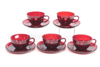 5 Pcs Cup And Saucer Set Of Red Ruby Depression Glass
