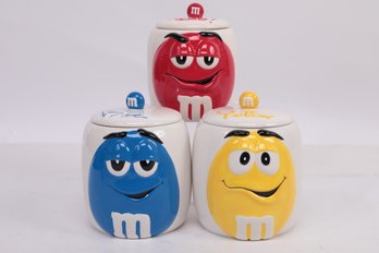 3 Ceramic M&ms Candy Jars By Galerie In Blue, Yellow & Red