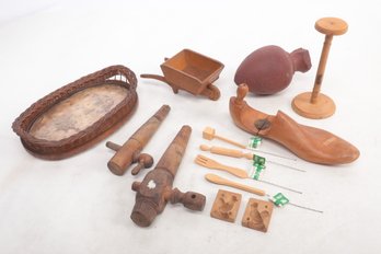 Group Of Misc Wooden Collectibles Including Wine Spigots, Mold, Shoe Form & More