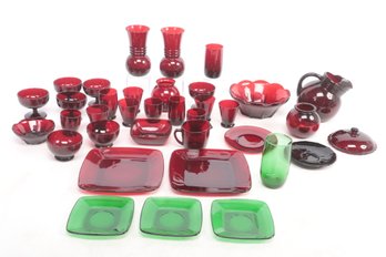 Large Group Of Vintage Mainly Ruby Red & Few Emerald Green Collectible Glass