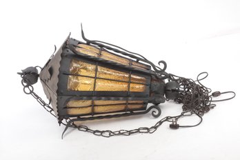 Large Vintage Raw Iron And Glass Hanging Light Fixture