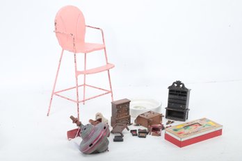 Box Lot Of Vintage Children's Toys & Doll House Furniture