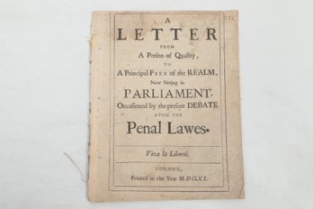 1661 British Political Pamphlet Penal Laws,  Viva La Liberte