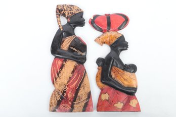 Pair Of Hand-carved Wooden African Design Wall Sculptures