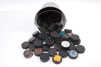 Galvanized Bucket Full Of Approx. 61 Hockey Pucks