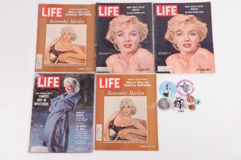 5 Marilyn Monroe Magazines W/7 Fan Club Buttons