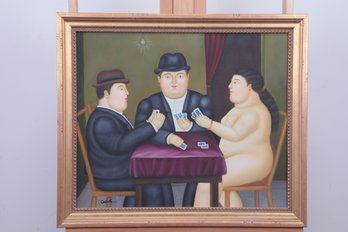 Framed Artist Signed Oil On Canvas 'Strip Poker' By Colunlz