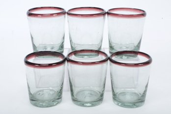 6 PURPLE & CLEAR HAND BLOWN GLASS TUMBLERS