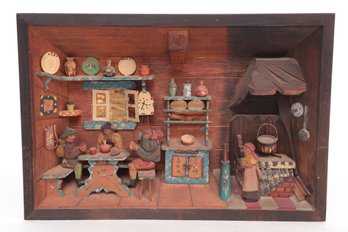 Antique Hand Made Folk Art 3 Dimensional Wood Mini Kitchen Scene