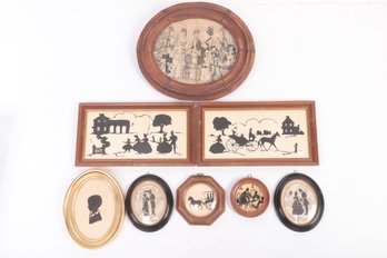 Mixed Grouping Of Framed Shadow Portraits & Oval Oak Framed Lithograph