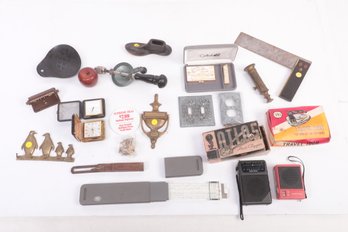 Awesome Junk Drawer Lot: Antique Tools, Travel Alarm Clocks, Vintage Hair Clippers, Ornate Switch Plates, Etc.