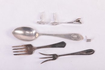 Mixed Sterling Silver Lot: Cuff Links, Tie Tac, 2 Hors D'oeuvre Forks & Spoon
