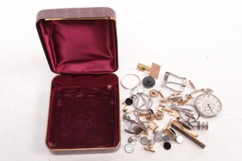 Grouping Men's Jewelry Including Elgin Pocket Watch In Leather Covered Box