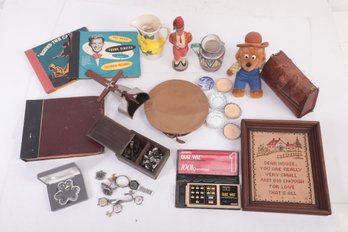 Box Lot Of Vintage Items: Sampler, Watches, Stero-viewer, 'Bell' Chess Pieces & Much More