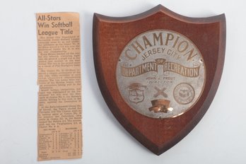 1949 Jearsey City (NJ) Department Recreation Softball Champion Plaque With Newspper Clipping