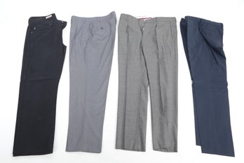 4 Pairs Mens Designer Pants: Hugo Boss 34R, Ferragamo 50, Calvin Klein  36x34 & Goldschmied 34x34