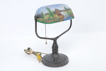 Antique Bronze Base Desk Lamp W/Reverse Hand Painted Shade