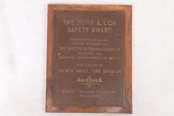 12' X 16' Bronze John A Cole Safty Award Plaque - American Brass, Anaconda Mounted On 14 1/2' X 18 1/2' Frame