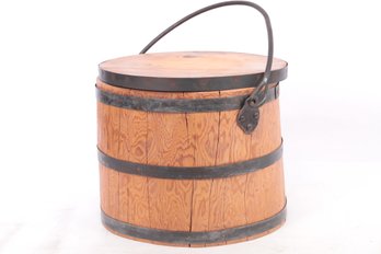 X-large Antique Wood & Hand Forged Iron Bucket With Lid