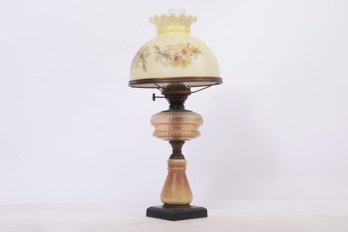 Antique Oil Lamp W/Hand Painted Base & Shade - Font Manufactured By The Solar E.M. & Co