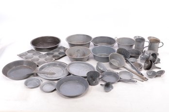 Mixed Grouping Of Vintage Mixed Gray Speckled Enamelware