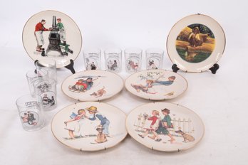Grouping Of Vintage Norman Rockwell Decorative Plates & Glasses