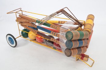 Vintage Croquet Set On Rolling Metal Storage Rack