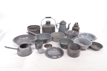 Mixed Grouping Of Vintage Gray Speckled Enamelware: Pitchers, Strainers, Pots & More