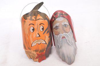 Pair Of Vintage 1988 &1989 Metal Christmas Santa And Pumpkin Halloween Buckets Or Candle Holders Signed YOUNG