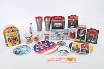 Mixed Lot Of Coca-Cola Collectibles: Stainless Glasses, Ornaments, Tins, Watch, Etc.