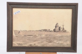 17 1/2' X 12 3/4' Framed Artist Rendition HMS Rodney 1927 Signed A.C. Chalk 1928