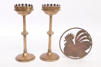 Vintage Brass Lot - 2 Candle Huricane Lamps Without Glass Chimneys & Trivet
