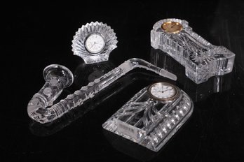 Three Waterford Cristal Clocks Together With Cristal Decorative Saxophone