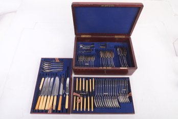 Huge Antique Walker & Hall Sheffield Flatware Service In Original Wooden Box With Key