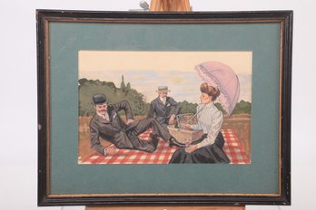 12 1/2' X 9 3/4' Framed Early 1900's Painting Pictnic Women With 2 Men