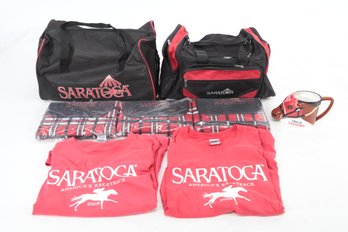 Saratoga Horse Race Souvenir Lot: Duffle Bags, Blankets, Mug, 2 T-shirts, Etc.