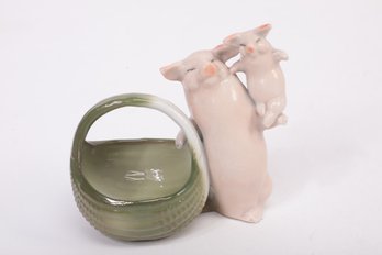 Antique German Fairing Pink Pig Figurine Porcelain Basket Rare