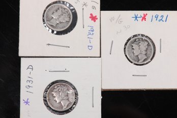 3 Mercury Dimes Lot From Private Collection - 1921, 1921-D, 1931-D
