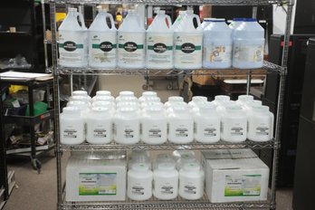 Full Cart Of Cleaning Supplies: Floor Neutralizer, Powdered Pre-Soak/De-tarnish, Dishwashing Detergent
