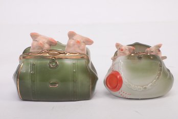 ANTIQUE German Fairing Pink Pigs In A Green Purse/Bag Porcelain
