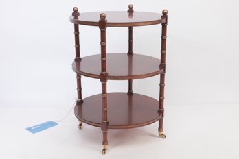 Nininger & Co Custom Hand Painted Small Round 3-tier Mahogany And Gold Side Table On Casters