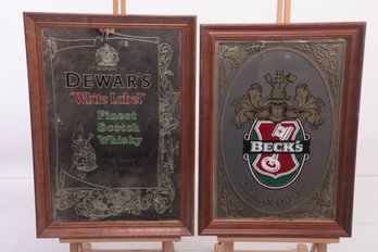 2 Vintage Bar Advertising Mirrors: Becks & Dewar's White Label