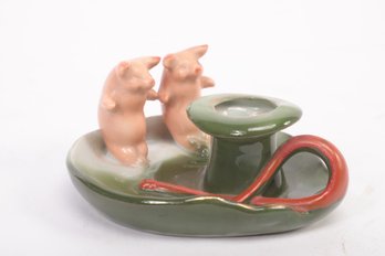 Antique German Fairing  Pink Pigs 2 Pigs Candle Stick Holder