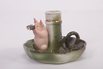 Antique Porcelain German Fairing Pink Pig Look Out Candle Stick Holder