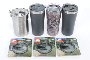 Grouping Of Ozark Tail Tumblers W/3 New Locking Lids, & Stanley Stainless Steel Thermos W/Cups