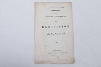 RARE HARVARD 1838 Order Of Performances For Exhibition,