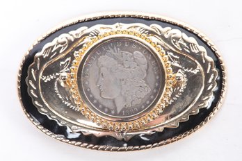 Vintage Men's Belt Buckle W/Genuine US 1889 Silver Peace Dollar