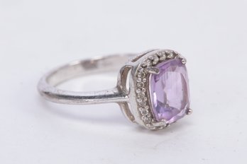 Amethyst & Sterling Silver Halo Ring ~ Size 7