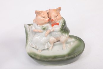 ANTIQUE GERMAN PIG FAIRING PIG NEWLY WEDS PIN OR TRINKET DISH AND BUD VASE